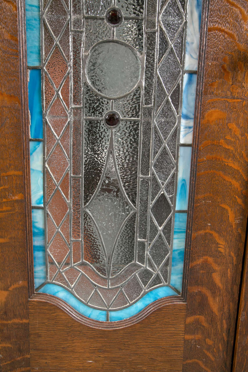 Antique Bejeweled Stain Glass Panel Doors In Excellent Condition In Stamford, CT