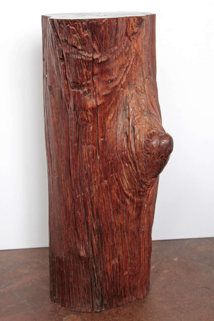 Organic, Ironwood tree trunk, splinter-free, clear coat wax applied to enhance smoothness and shine. Can be use as pedestal side table or decorative accessory. 

Heavy sturdy wood with a dee reddish brown coloration. Heavy sturdy wood that is bug