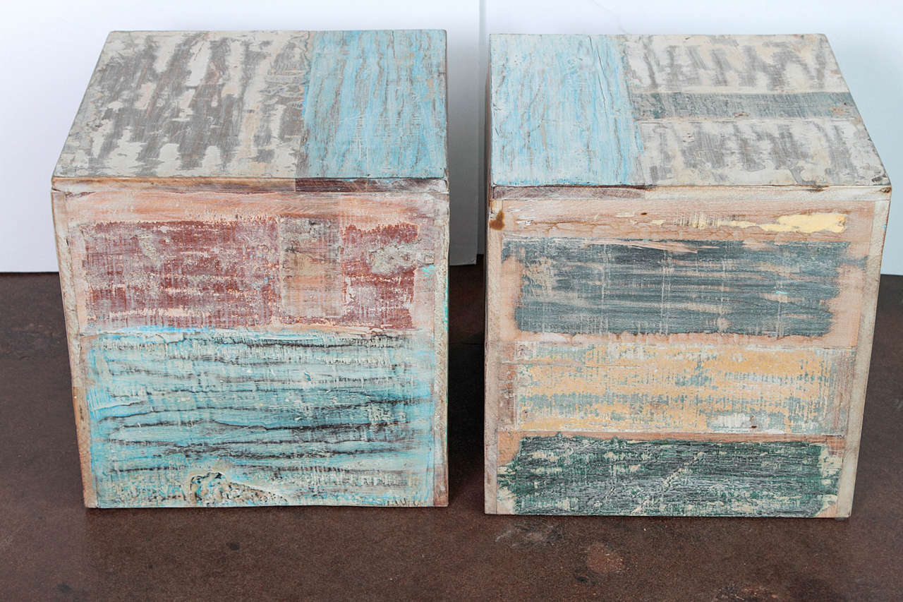 Colorful Wood Block End Tables with distressed paint made from reclaimed wood