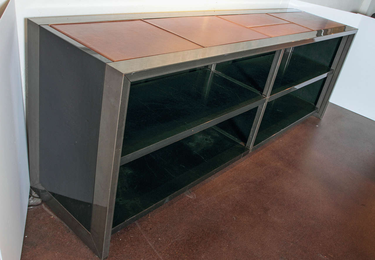 1940s Vintage French Leather with Chrome Open Shelf Sideboard