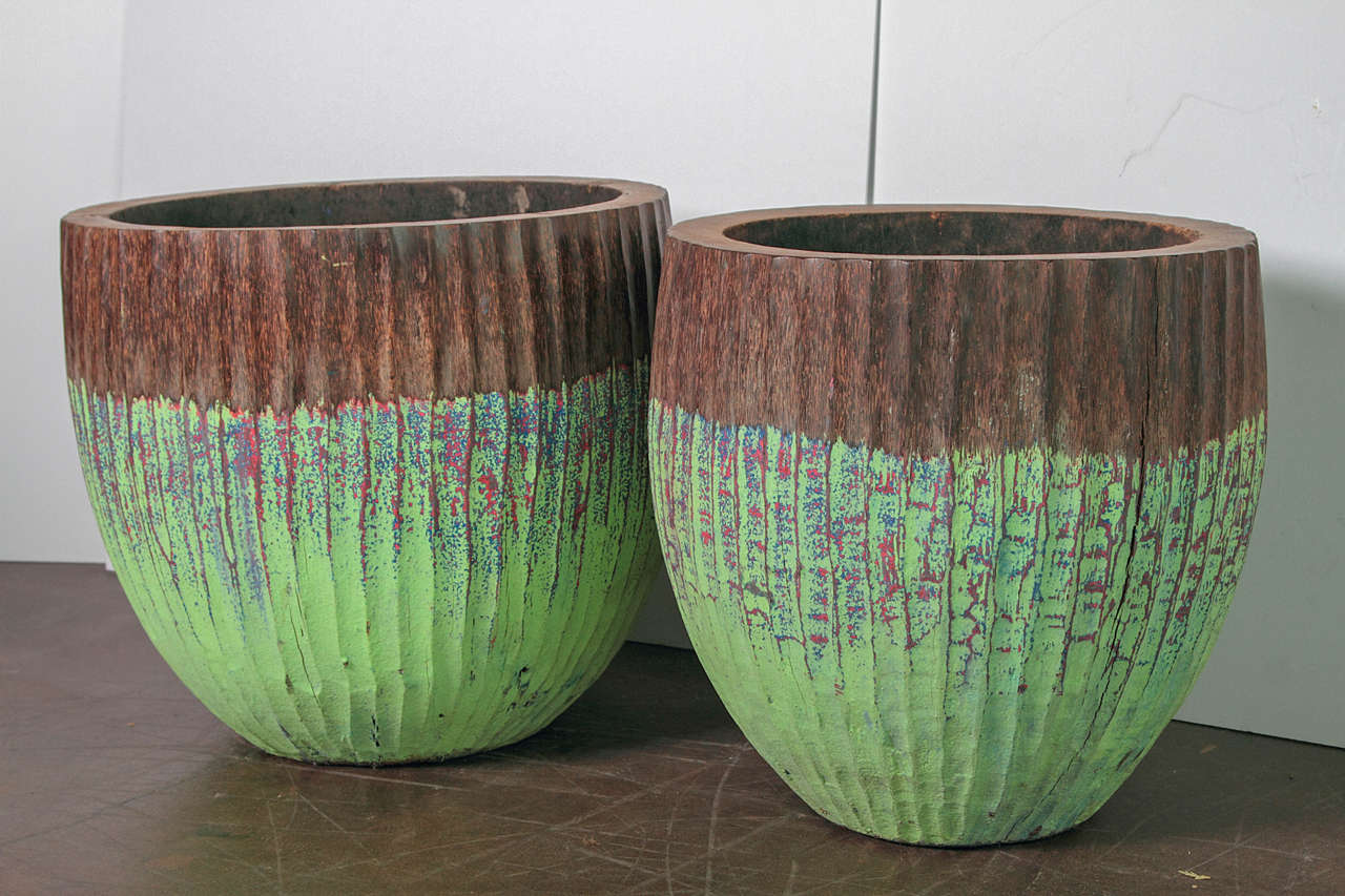 These palm tree bowls are found in wet, high moisture wood areas in southeast Asia. Once the bowls are hand-carved, they are left out in the sun to dry. The process takes up to a month. 

One of a kind, stylish palm wood bowls, with vibrant green