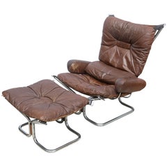 Ingmar Relling for Westnofa Chrome and Leather Chair and Ottoman Norway 1970s