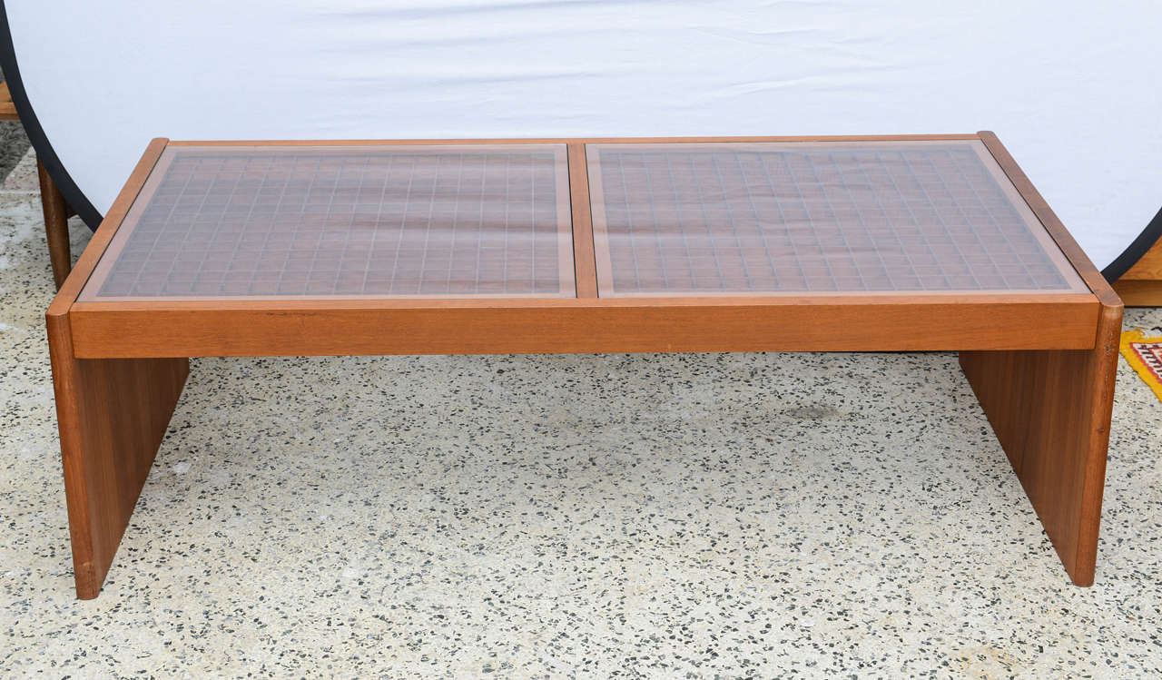 Large rectangular geometric coffee table in teak by Komfort.  Denmark 1950s