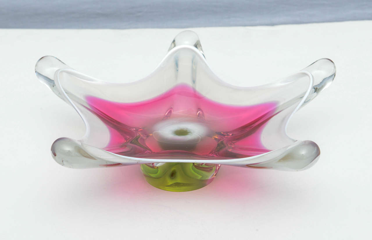 Gorgeous pink white and green Murano star shaped bowl/tray/candy dish.  1960s Italy.