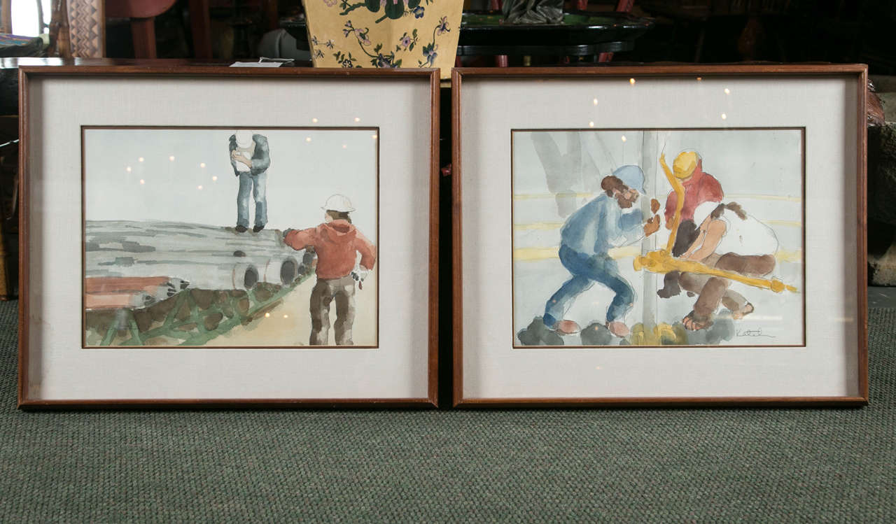 A 20th century American School set of watercolors depicting construction workers in two vertical and two horizontal framed presentations.  The four watercolors are all of equal size but two present horizontally and two present vertically.