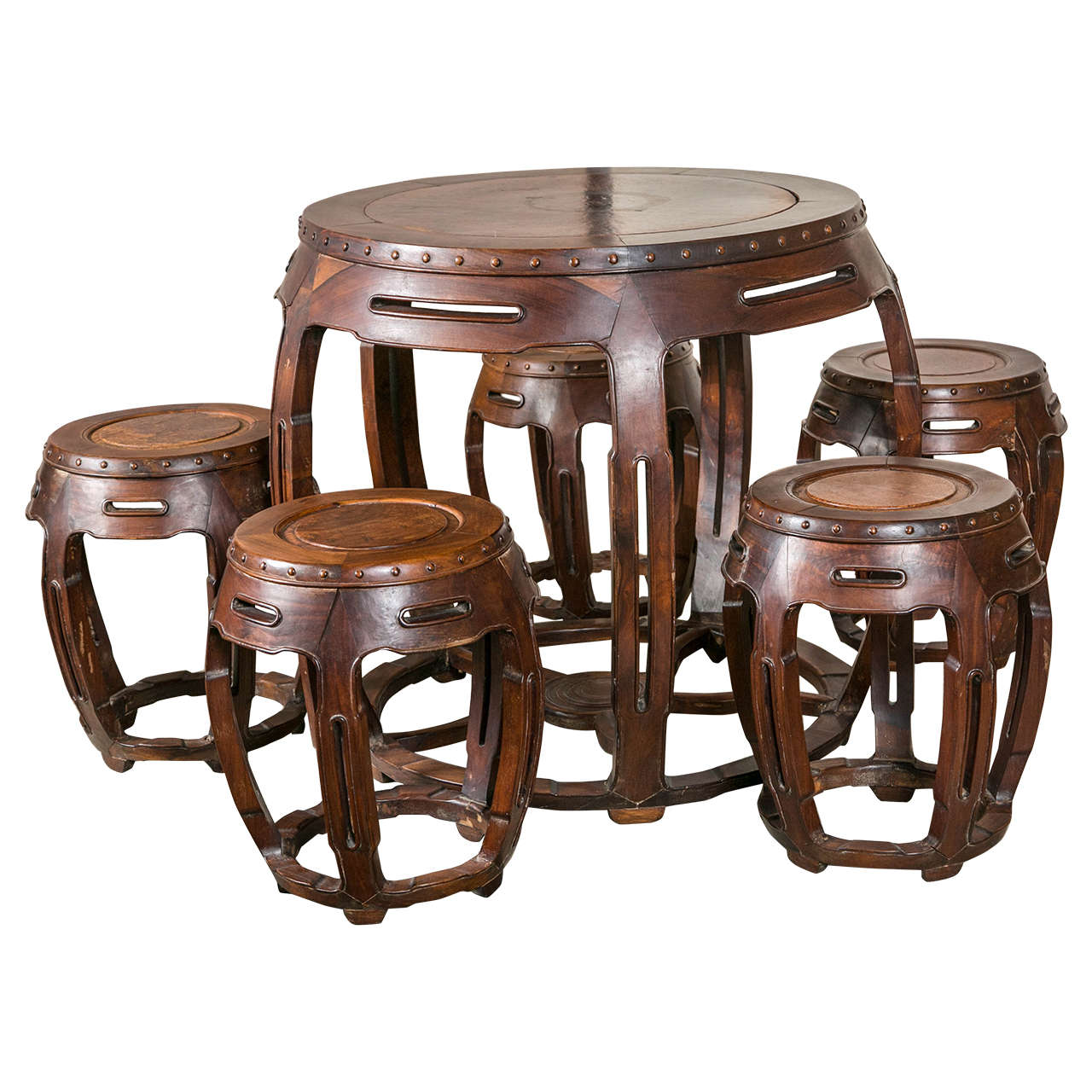 Chinese Table with Five Matching Stools at 1stDibs