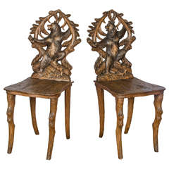Antique Set of Eight Carved Black Forest Side Chairs