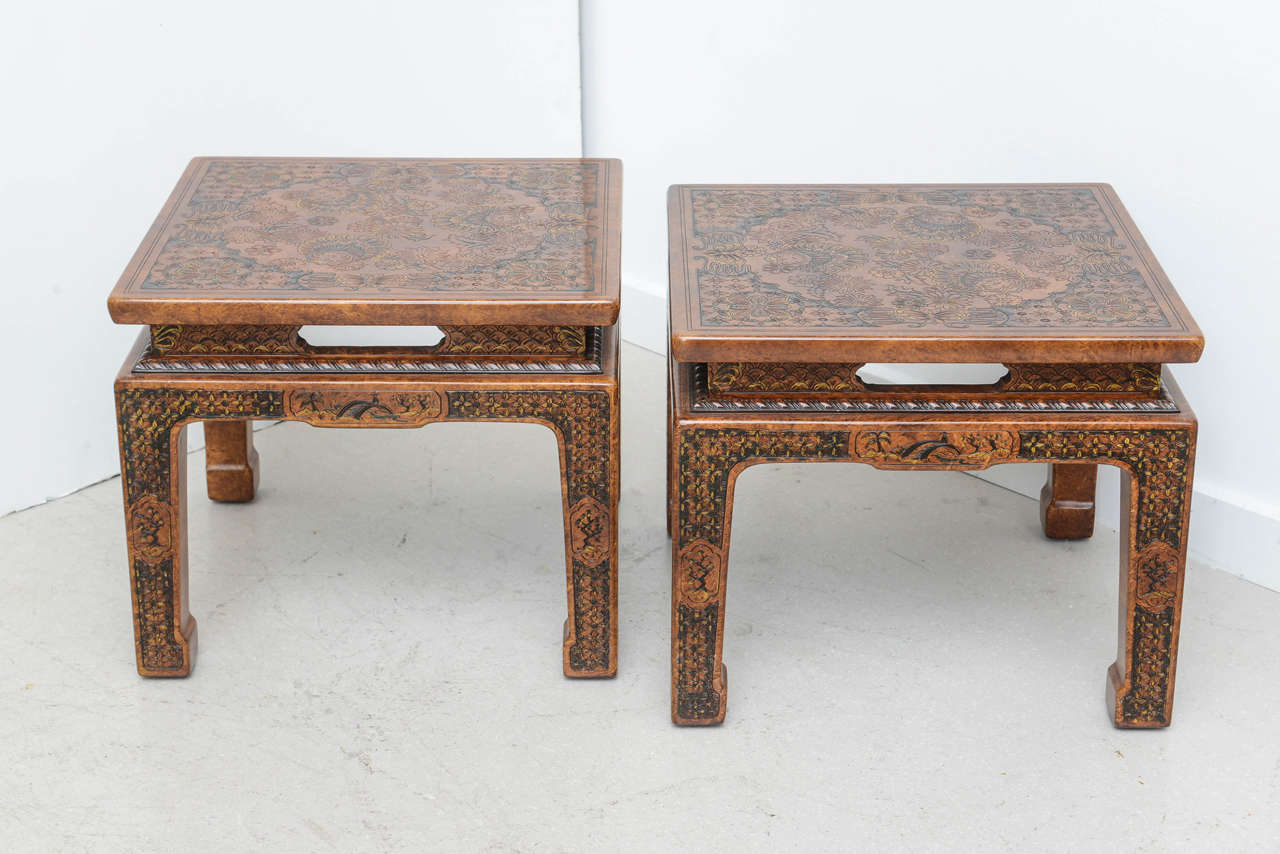 Pair of chinoiserie John Widdicomb end or side tables. The tables maintain the original makers plaque underneath.