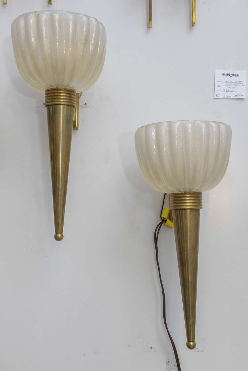 Art Deco Pair of Brass and Glass Murano Sconces