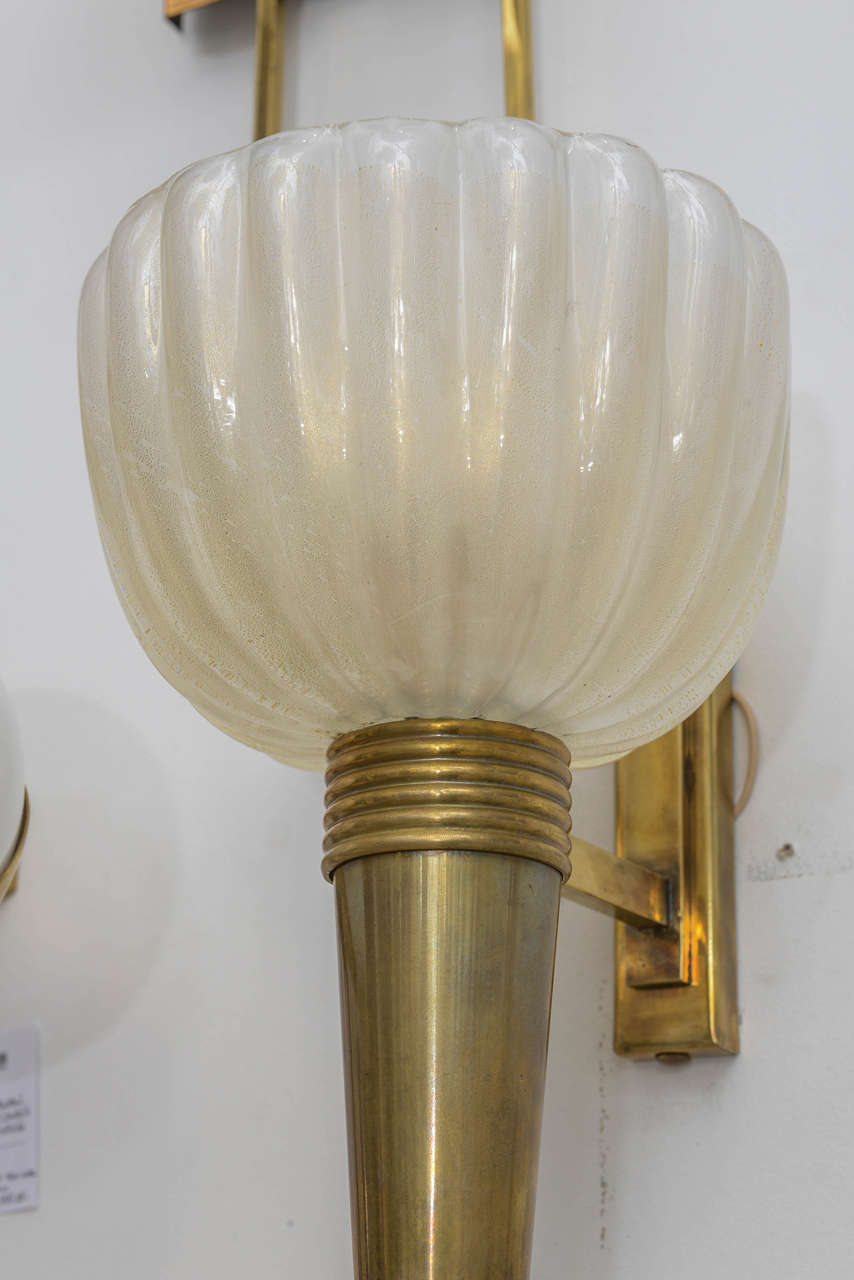 European Pair of Brass and Glass Murano Sconces