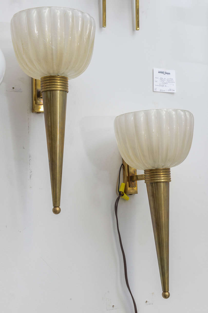 20th Century Pair of Brass and Glass Murano Sconces