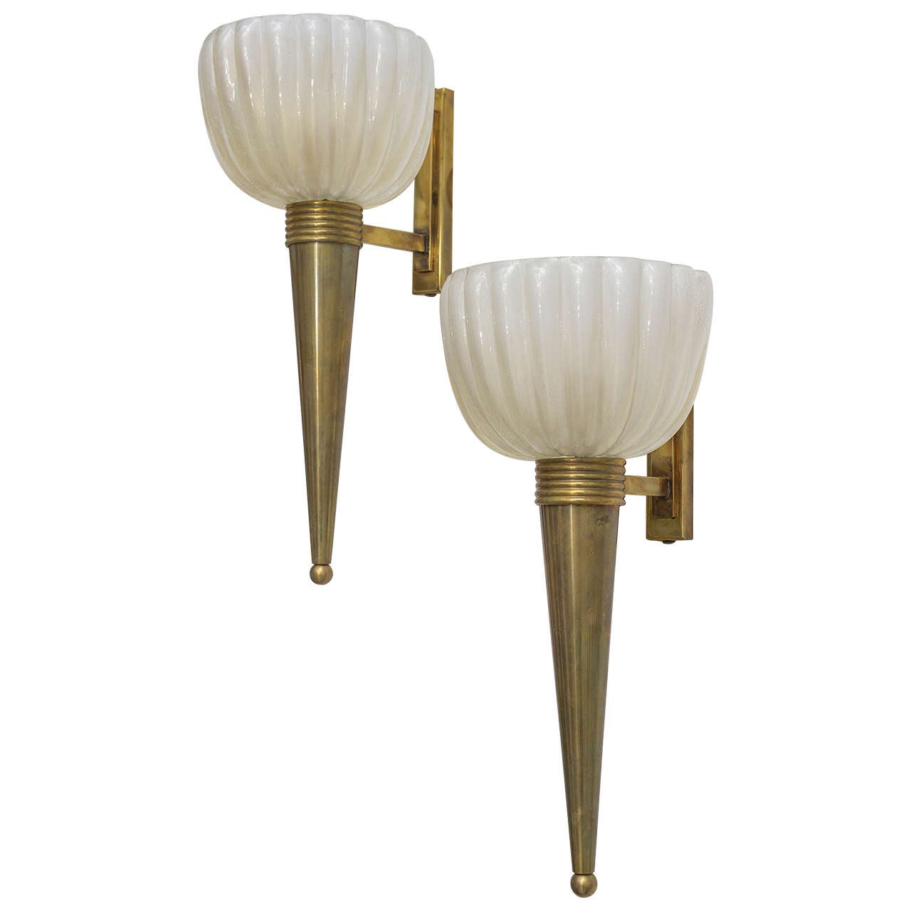 Pair of Brass and Glass Murano Sconces