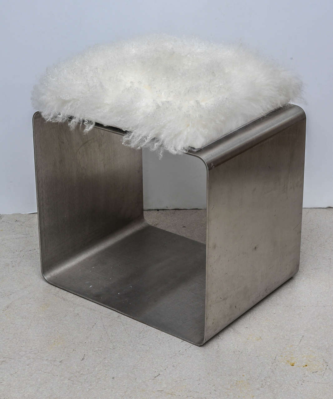 Mid-Century Modern Stainless Steel and Mongolian Lamb Fur Bench