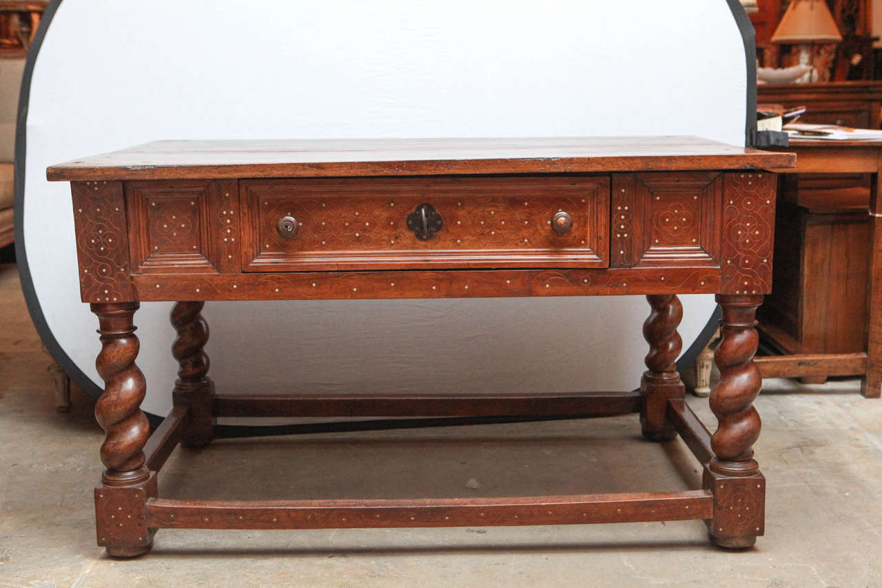 18th Century Italian Walnut Two-Drawer Table with Fruitwood and Bone Inlay In Good Condition For Sale In Los Angeles, CA