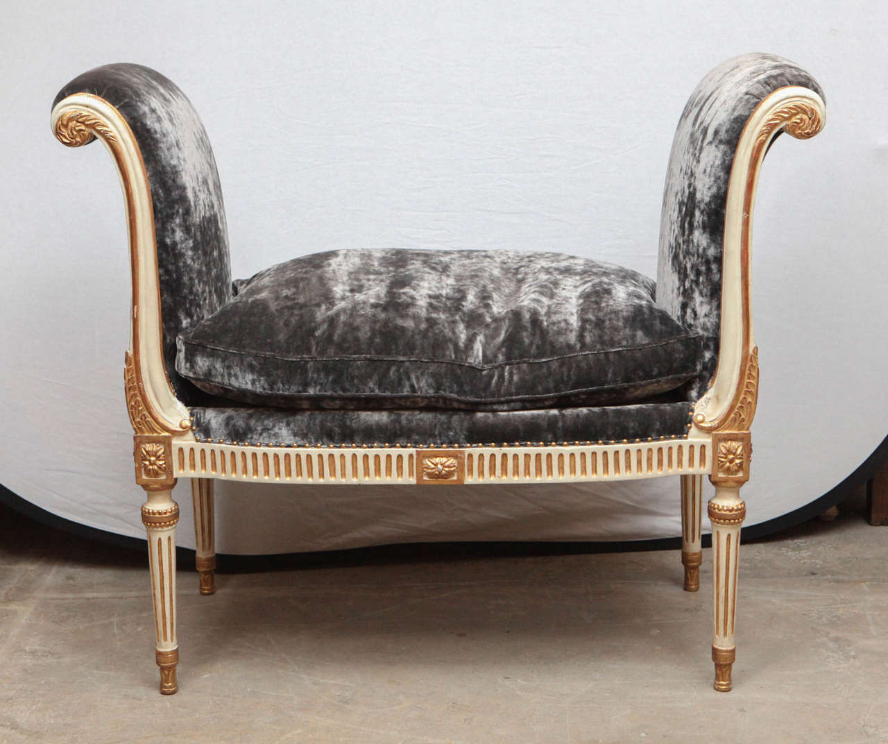 Italian Giltwood and Painted French Style Curled-Arm Bench