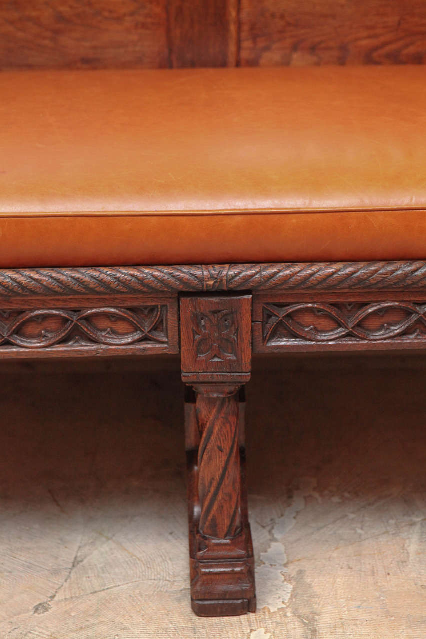 19th Century English Oak Gothic Style Leather Bench 1