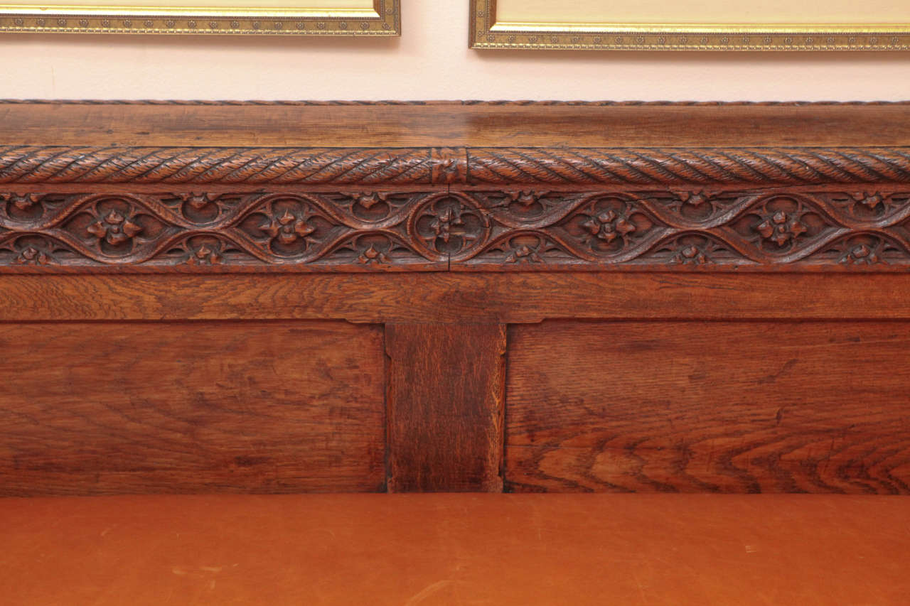 19th Century English Oak Gothic Style Leather Bench 2