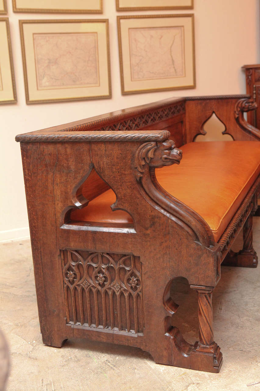 19th Century English Oak Gothic Style Leather Bench 3