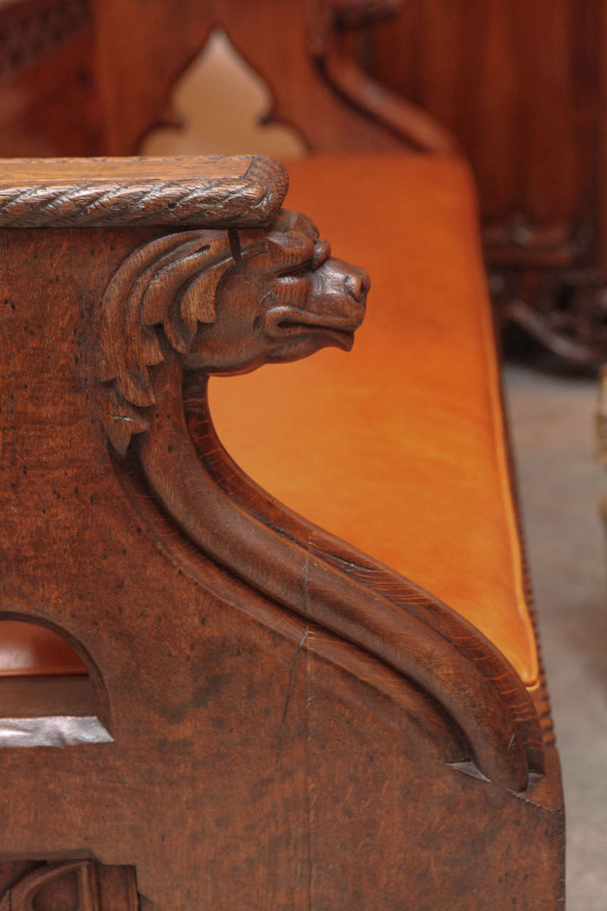 19th Century English Oak Gothic Style Leather Bench 4