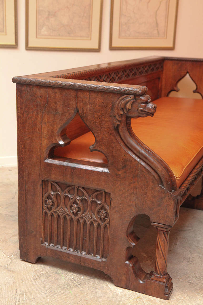 19th Century English Oak Gothic Style Leather Bench 5