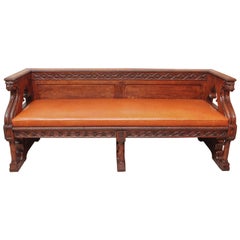 19th Century English Oak Gothic Style Leather Bench