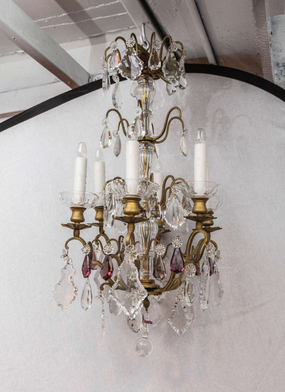 19th century French Louis XV style doré bronze crystal chandelier with amethyst. The chandelier has six lights and has been newly wired.