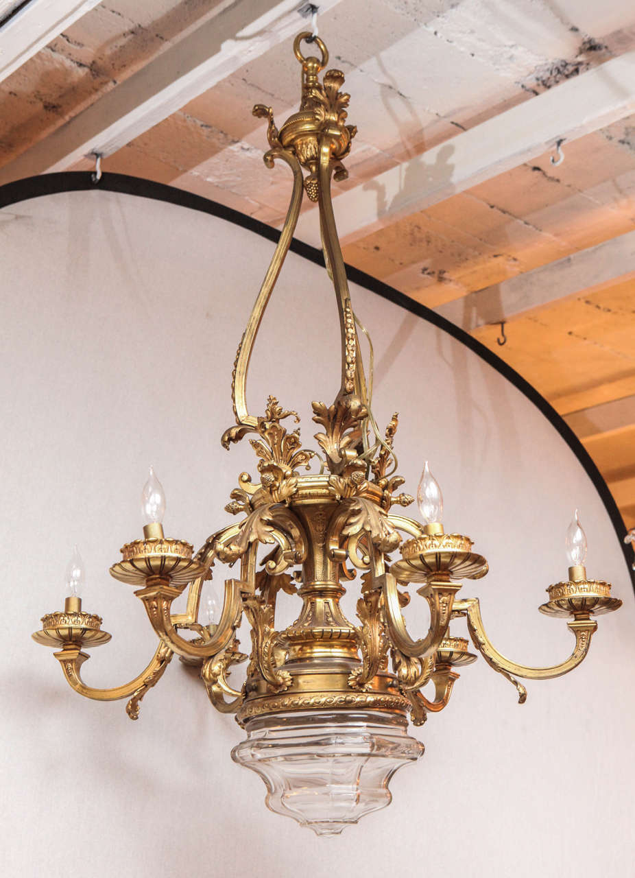Single 1900s French finely chased doré bronze six-light chandelier with crystal bowl.