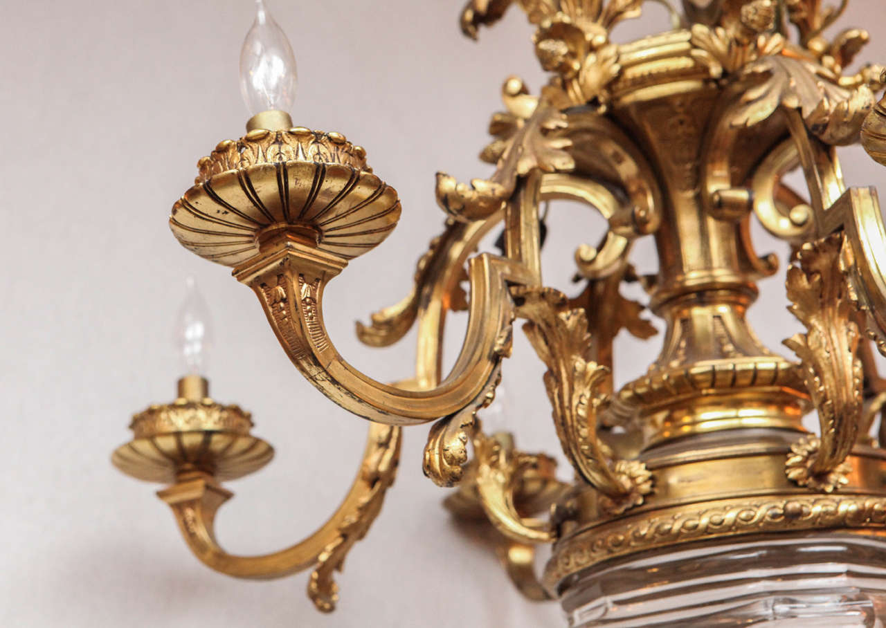 1900s French Doré Bronze Chandelier with Crystal Bowl In Excellent Condition In Los Angeles, CA