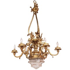 1900s French Doré Bronze Chandelier with Crystal Bowl