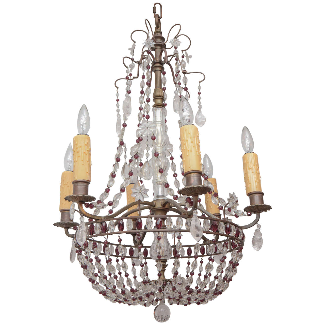 1900s French Bronze Beaded Chandelier with Amethyst and Rock Crystal
