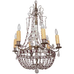 Antique 1900s French Bronze Beaded Chandelier with Amethyst and Rock Crystal