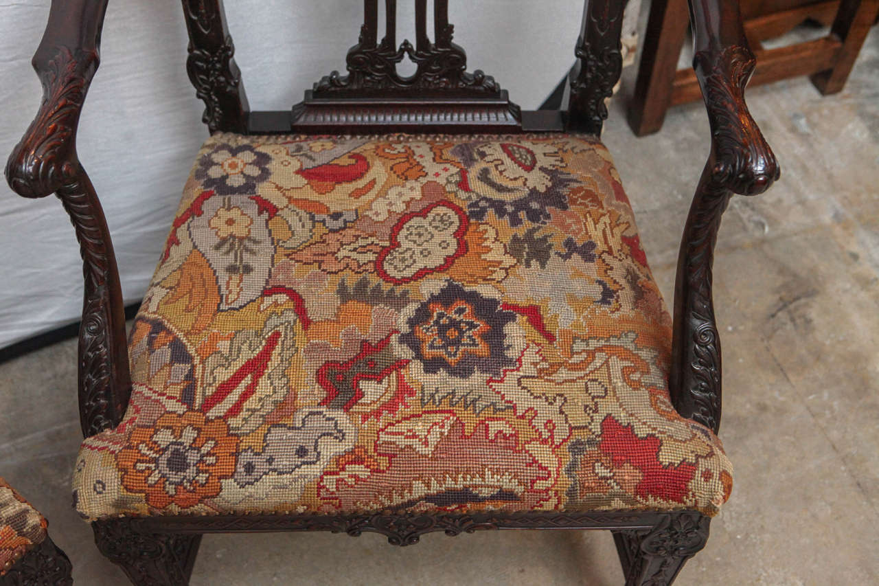 Needlepoint Pair of 19th Century English Mahogany Oversized Armchairs For Sale