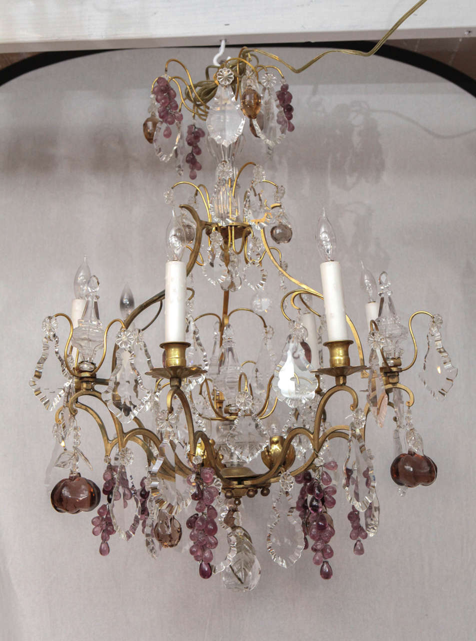 19th century French doré bronze crystal chandelier with pear, apple and grape detail. The chandelier has six exterior lights and has been newly wired.