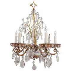 Antique 1920s French Bagues Style Polished Brass Crystal Chandelier