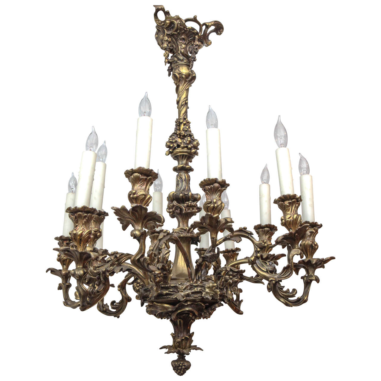 19th Century French Bronze Chandelier with Oak Leaf Motif For Sale at
