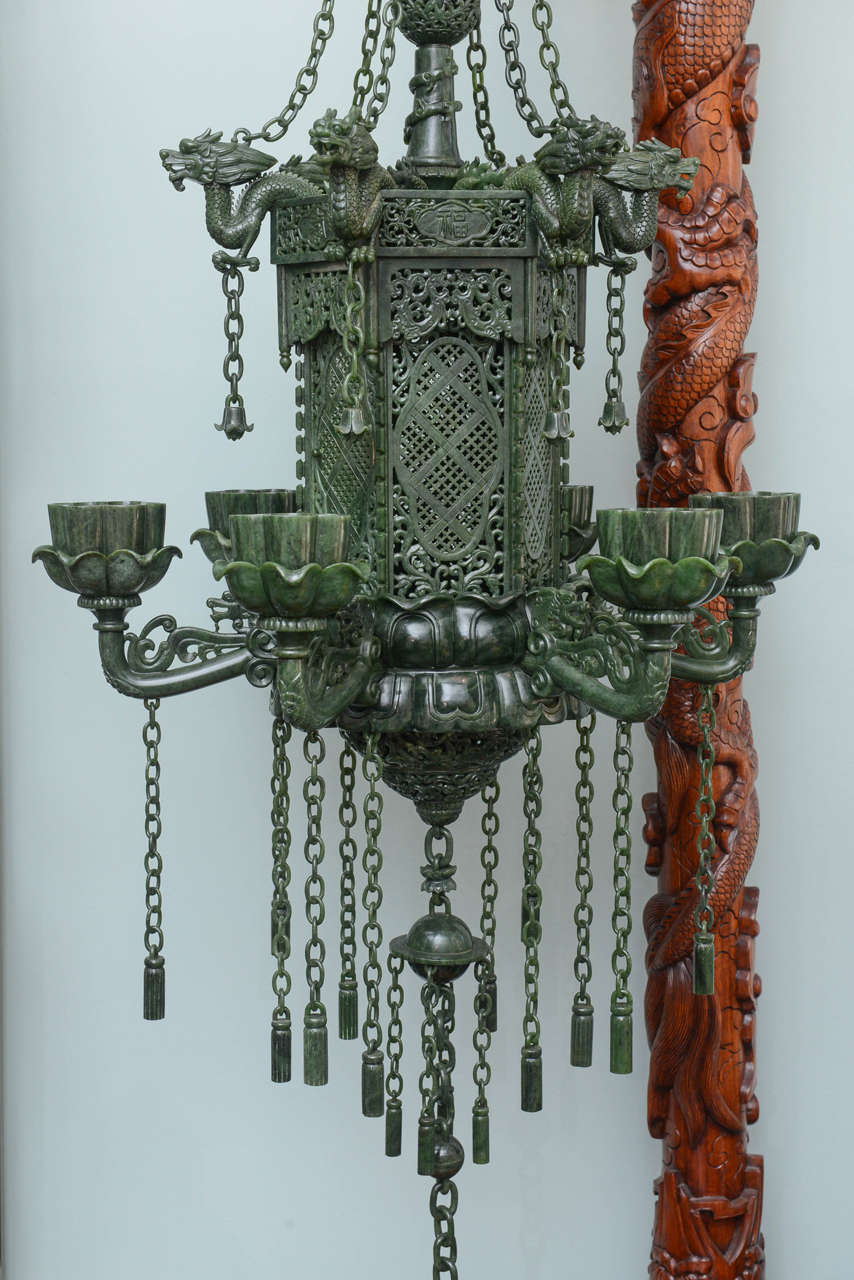 Chinese Sensational Pair of Jasper Jade Lanterns with Carved Wood Dragon Stands For Sale