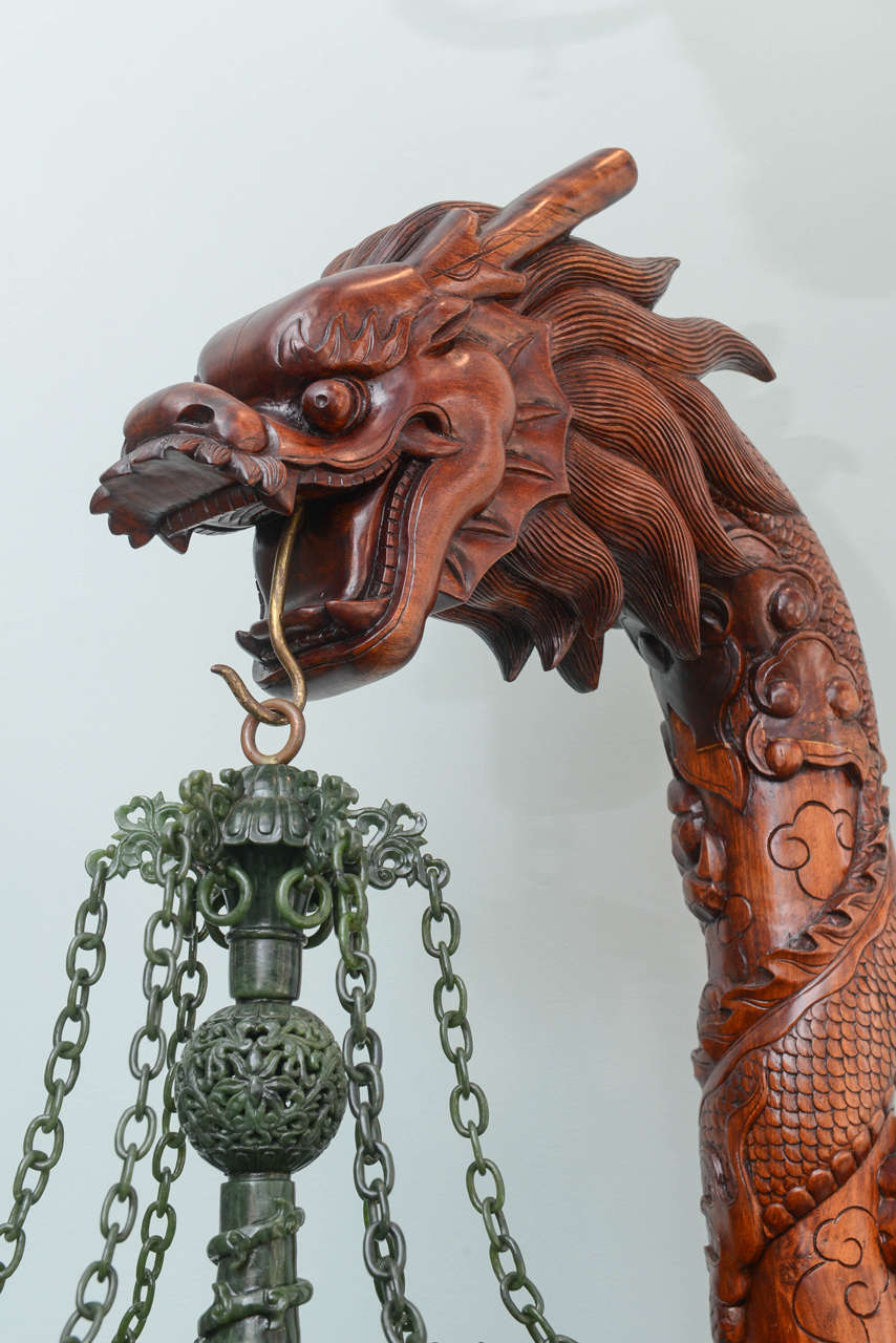 Sensational Pair of Jasper Jade Lanterns with Carved Wood Dragon Stands In Excellent Condition For Sale In Palm Beach, FL