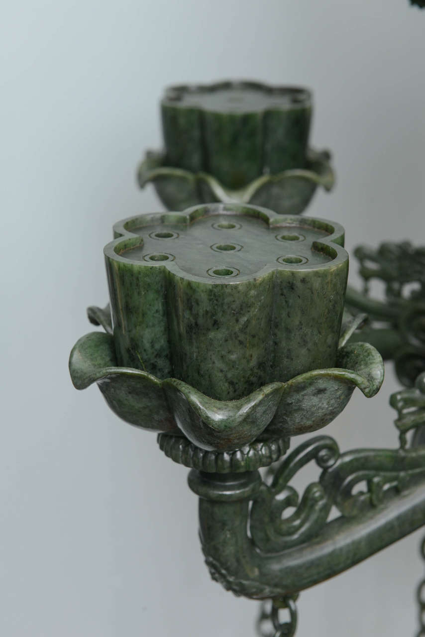 20th Century Sensational Pair of Jasper Jade Lanterns with Carved Wood Dragon Stands For Sale