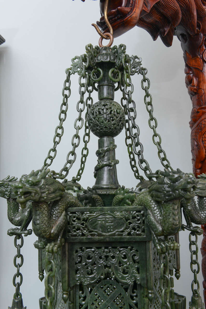 Sensational Pair of Jasper Jade Lanterns with Carved Wood Dragon Stands For Sale 5