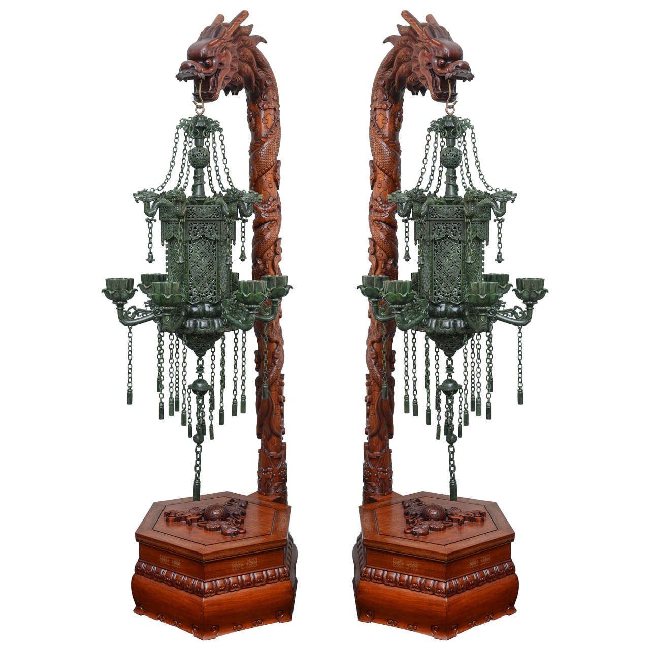 Sensational Pair of Jasper Jade Lanterns with Carved Wood Dragon Stands For Sale