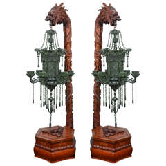 Sensational Pair of Jasper Jade Lanterns with Carved Wood Dragon Stands