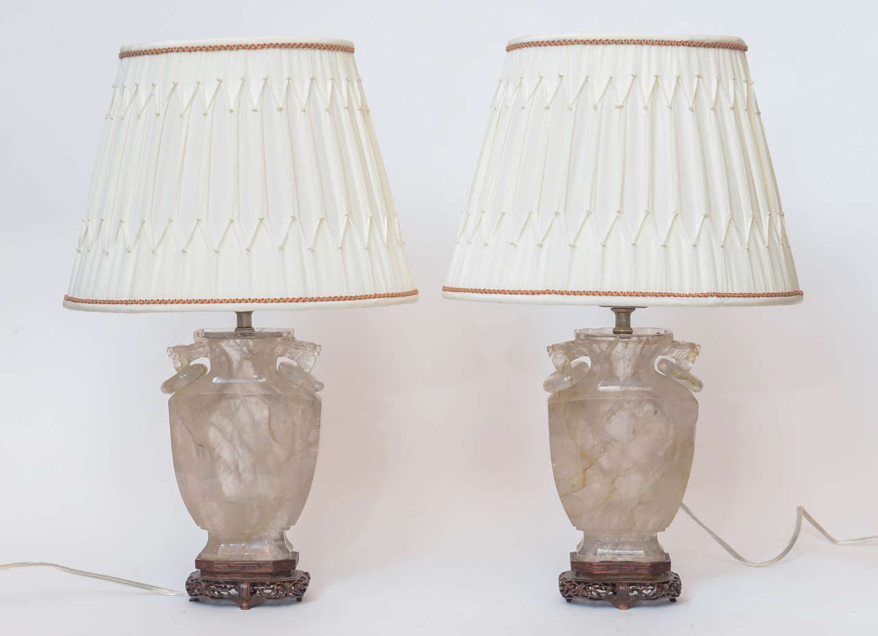 Pair of 19th Century Smoky Quartz Carved Chinese Vase Lamps