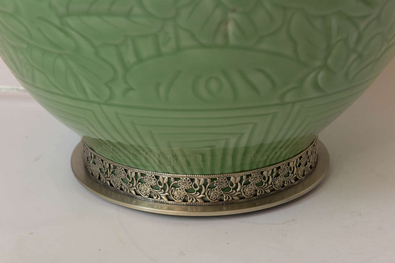 Contemporary Pair of Chinese Porcelain Engraved Green Jade Colored Lamps For Sale