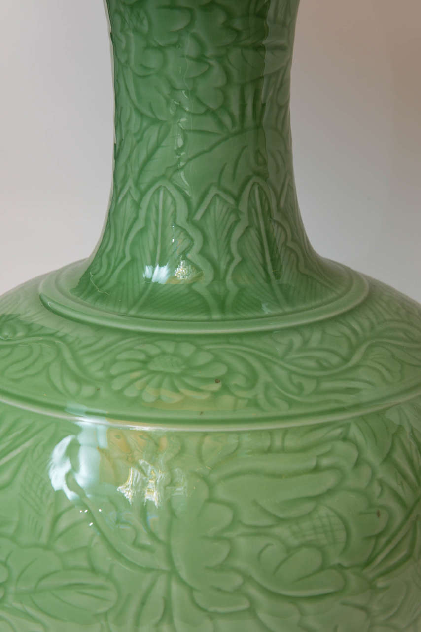Pair of Chinese Porcelain Engraved Green Jade Colored Lamps For Sale 1