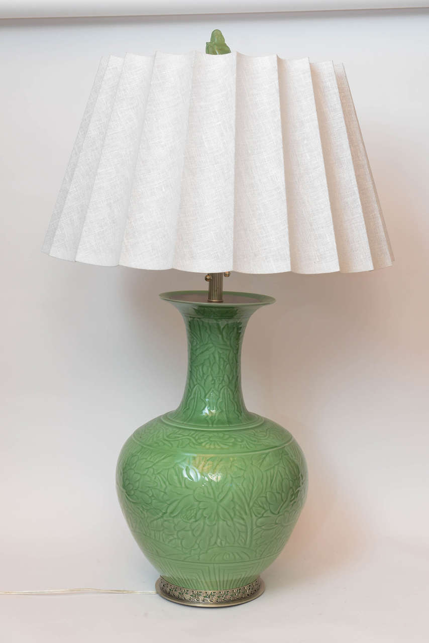 Pair of Chinese Porcelain Engraved Green Jade Colored Lamps For Sale 2