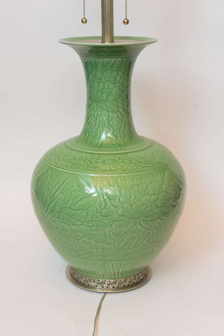 Pair of Chinese Porcelain Engraved Green Jade Colored Lamps For Sale 3