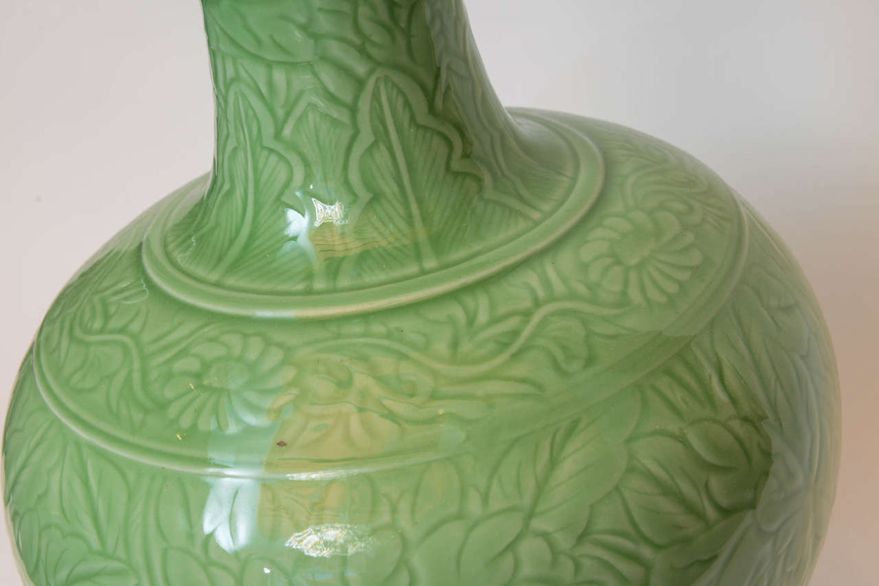Pair of Chinese Porcelain Engraved Green Jade Colored Lamps For Sale 4
