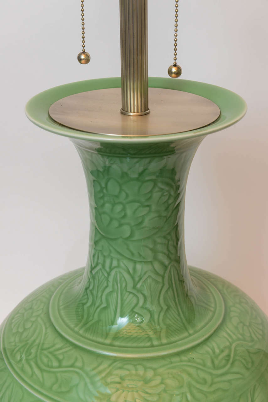 Pair of Chinese Porcelain Engraved Green Jade Colored Lamps For Sale 5