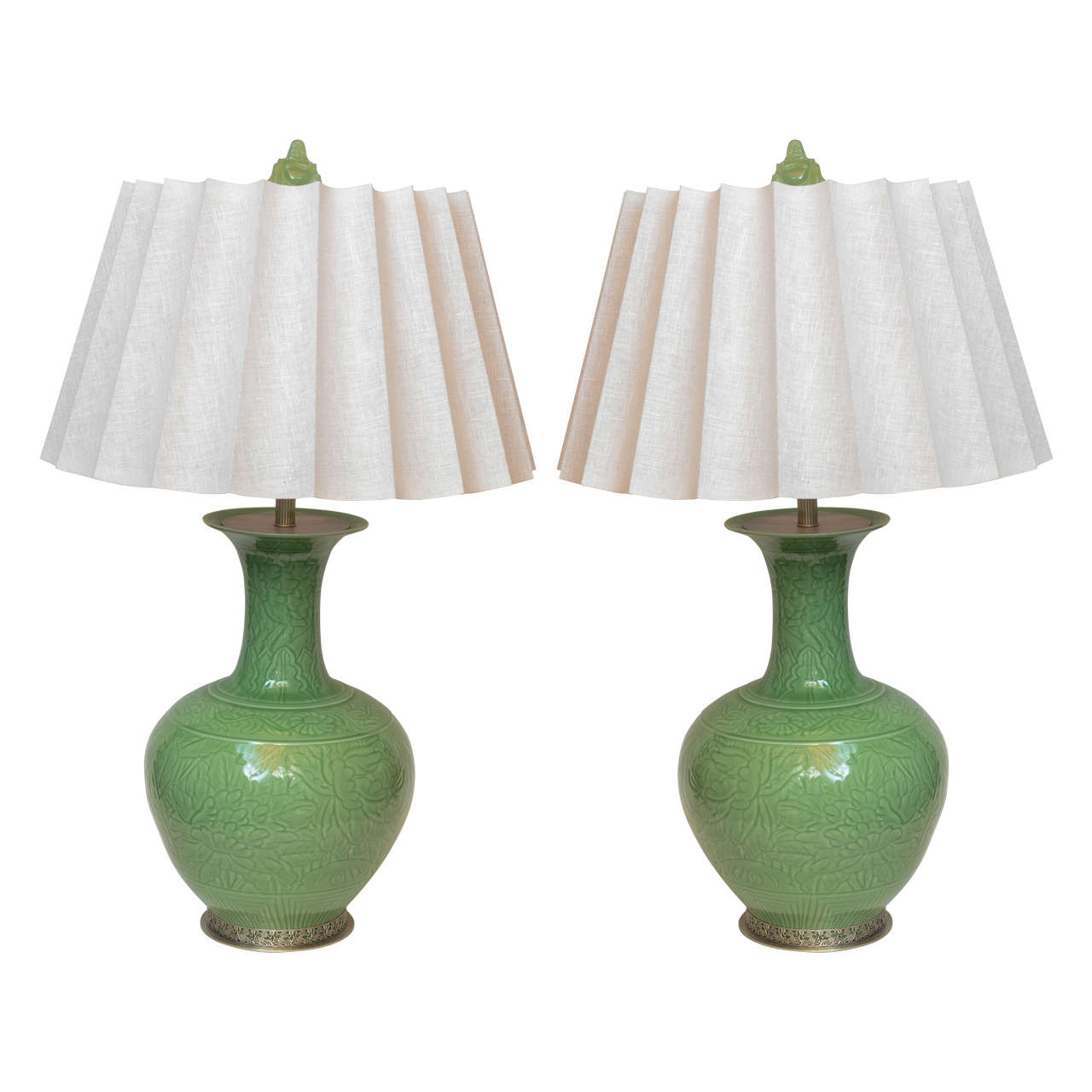 Pair of Chinese Porcelain Engraved Green Jade Colored Lamps For Sale