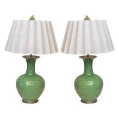 Pair of Chinese Porcelain Engraved Green Jade Colored Lamps